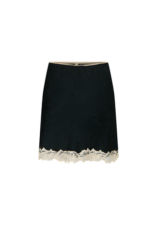 A black satin A-line skirt featuring a delicate cream lace trim along the hem and a matching waistband, displayed against a solid white background.