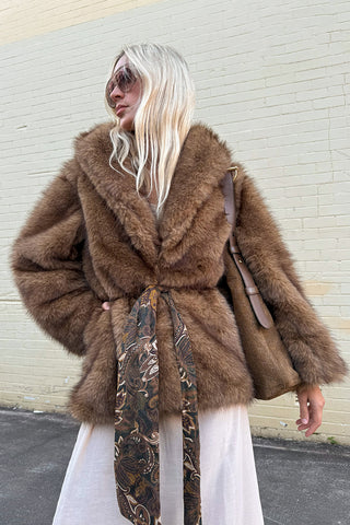 golden-brown-recycled-polyester-faux-fur-camille-coat-front-view-showing-wide-collar-and-damask-print-walnut-belt