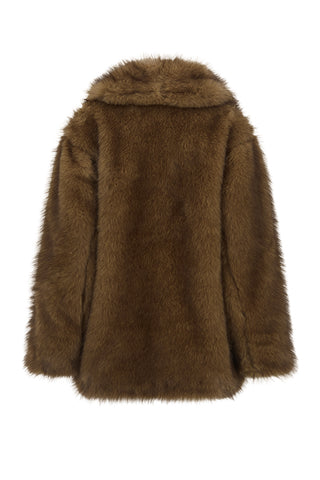 back-flat-lay-of-camille-coat-in-golden-brown-recycled-polyester-faux-fur-showing-wide-collar-and-clean-back-seam