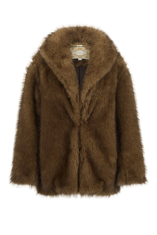 camille-coat-flat-lay-front-view-golden-brown-recycled-polyester-faux-fur-with-wide-shawl-collar-white-background