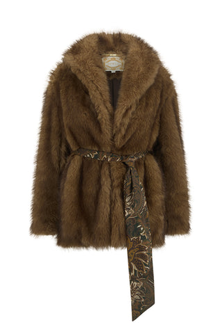 golden-brown-faux-fur-coat-flat-lay-front-view-with-damask-print-walnut-belt-tied-at-waist-wide-collar
